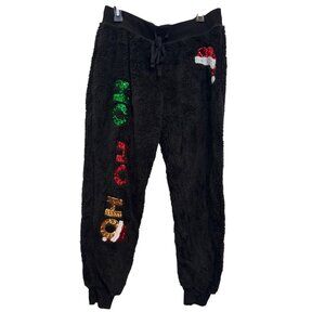 Miss Chevious Black Fuzzy Jogger Pants Large Sequin Ho Ho Ho & Santa Hat Design